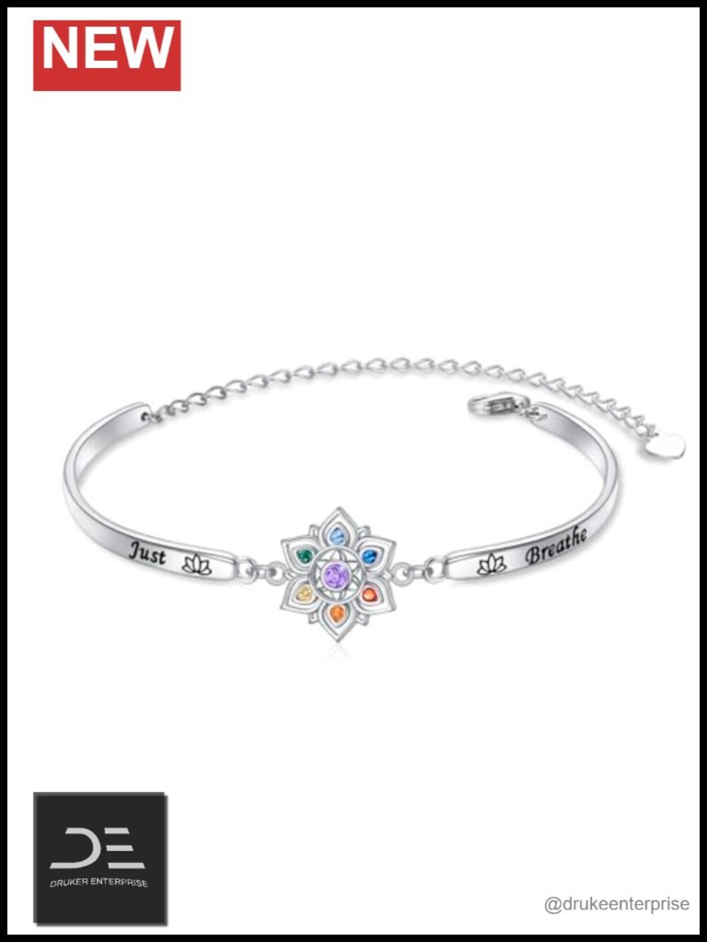 925 Sterling Silver 7 Chakras Bangle Bracelet Cubic Zirconia Just Breathe Yoga